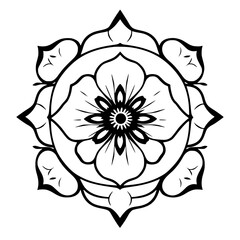 Simplified floral mandala design. An artistic, symmetrical, black and white illustration of a detailed, flower-like, concentric composition.