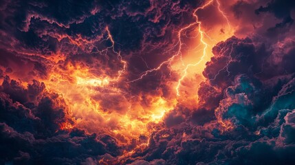 Fototapeta premium Dramatic Thunderstorm with Illuminating Lightning and Fiery Clouds