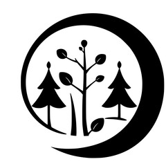 Black and white minimalist forest illustration.