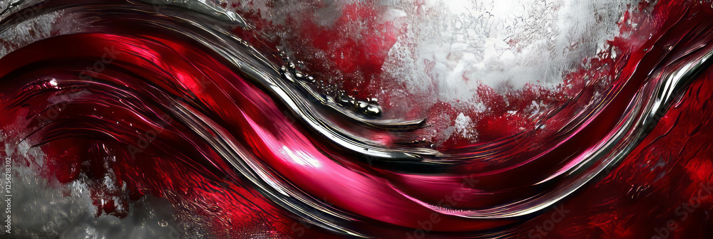 Poster crimson arcs intertwine with silver texture in an abstract display of movement and color