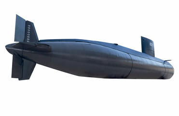 Submarine isolated on white background. View of a submarine sailing away. © Stock