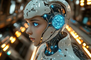 Fototapeta premium Futuristic humanoid robot portrait cybernetic lab digital art high-tech environment close-up ai conceptualization