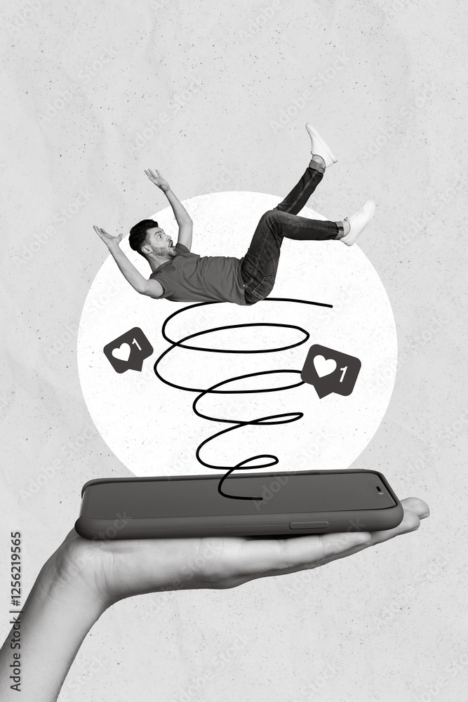 Poster creative collage template image of funny guy swallowed instagram twitter facebook addiction isolated