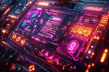 Fototapeta premium Futuristic blockchain display interface technology in cyberpunk environment high fidelity visuals digital perspective