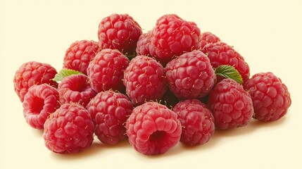 A handful of raspberries spread across a light yellow background, highlighting their bright color.