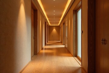 Fototapeta premium Illuminated Hallway with Warm Wood Accents and Recessed Lighting Creates a Serene and Elegant Atmosphere