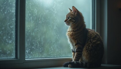 Pensive tabby cat gazing out rainy window, thoughtful mood, indoor environment