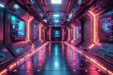 Futuristic spaceship corridor with glowing neon lights and digital displays