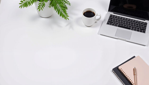 Minimalist workspace flat lay with laptop and mug, serene productivity