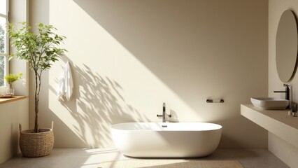 A Serene Bathroom Featuring a Sleek Freestanding Tub, Minimalist Decor, and Ample Natural Light
