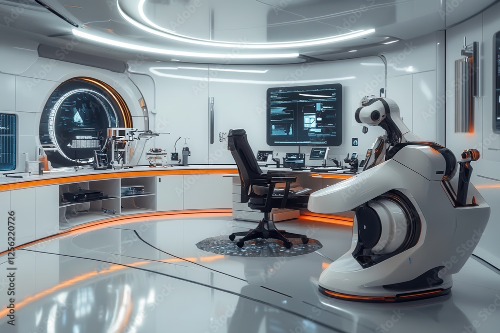Aufkleber futuristic workspace with ai and robotic support for advanced operations in a cutting edge setting .