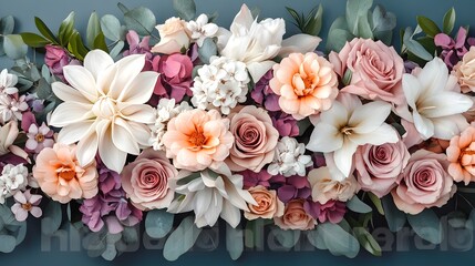 Colorful mixed flower bouquet arranged on a blue background in a vivid still life composition