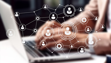 A modern workspace integrates digital tools and human elements, fostering collaboration among remote teams. The environment highlights flexibility, AI resources, and a focus on productivity