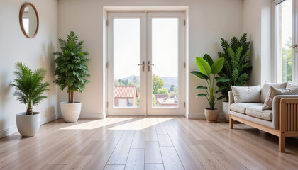 Bright Scandinavian living room with green plants, modern tranquility