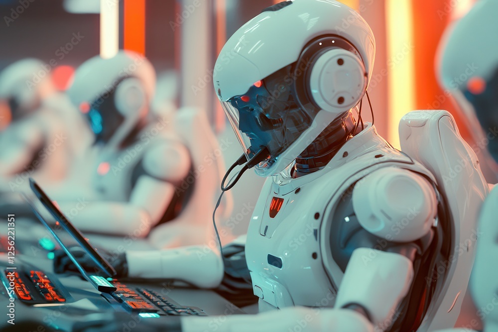 Poster futuristic service, robots at work in a call center . futuristic robots working collaboratively in a