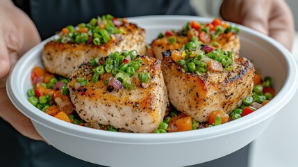 Hand holding plate of cooked fish with vegetables