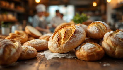  A warm, rustic bakery interior showcasing fresh bread and pastries with inviting lighting.