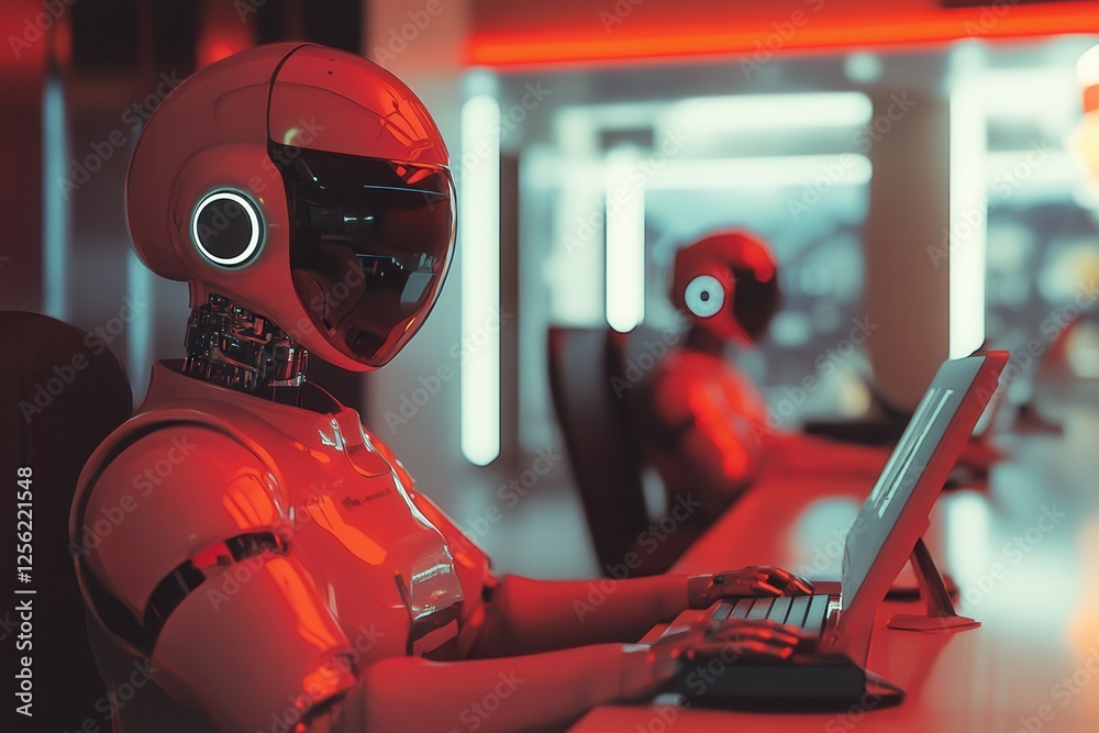 Poster futuristic service, robots at work in a call center . futuristic robots working collaboratively in a