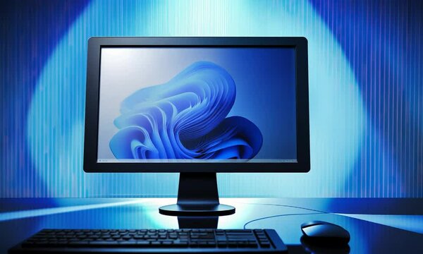 silhouette of desktop computer in blue light background video