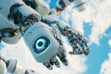 Fototapeta premium Futuristic robot parts assembling themselves in mid-air.