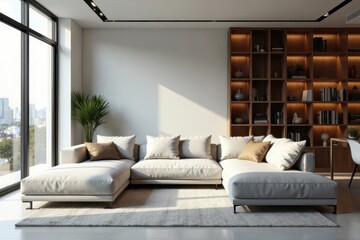 Fototapeta premium Modern Sectional Sofa in Bright Living Room with Large Window and Built-in Bookshelves