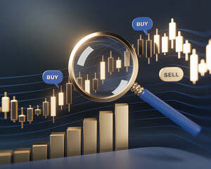3D Render of Financial Concept with Magnifying Glass, Buy and Sell Symbols, Stock Market Graph, Investment Analysis, Trading Concept