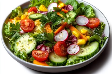 Fresh garden salad with crunchy vegetables and herbs celebrating national salad month