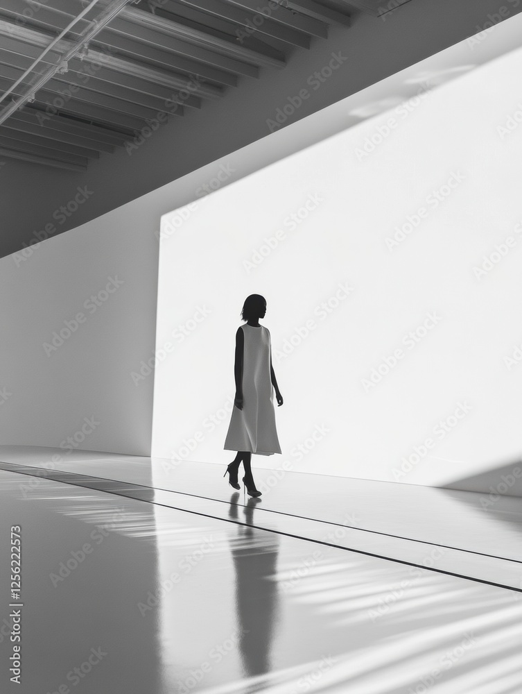 Leinwandbilder monochromatic runway featuring a model walking in minimalist attire with soft lighting and clean lin