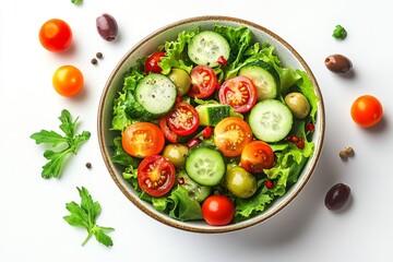 Fresh salad with lettuce, tomatoes, cucumbers and olives celebrating national salad month