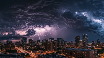 Dramatic Thunderstorm Over Urban Skyline with Lightning Strikes