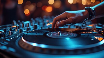 DJ playing vinyl records at a vibrant nightlife event with colorful lights and blurred crowd in background