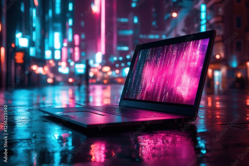 Poster futuristic laptop in neon cityscape . a futuristic computer setup showcasing advanced technology, sy
