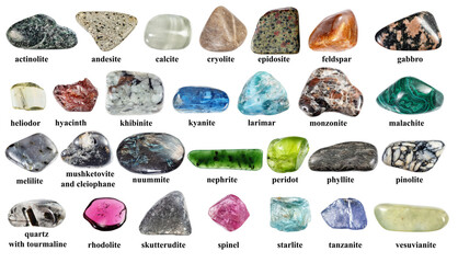 various specimens of rolled rock with names cutout
