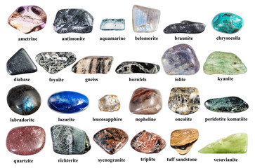 various samples of tumbled rocks with names cutout