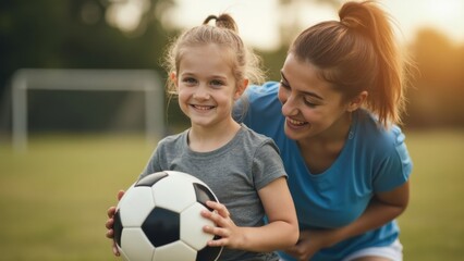 Child Smiling While Holding a Soccer Ball, Mom Looking at Her With Joy, on an Outdoor Field During Sunset. Concept of Youth Sports, Family Bonding, Recreation