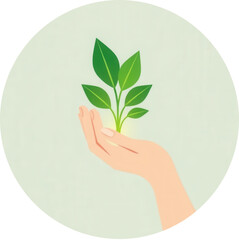 Hand gently cradling a vibrant green sapling with fresh leaves, soft background, concept of nurturing and new beginnings, Earth Day. Illustration round frame.