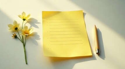 A sunlit yellow notepad with lined paper sits beside a delicate sprig of pale yellow wildflowers and a wooden pencil, ready for planning or journaling.
