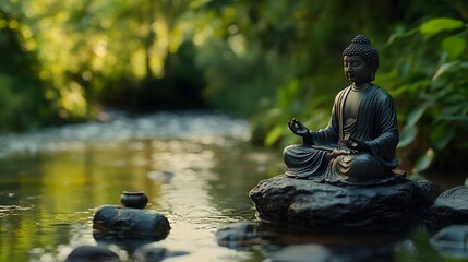 The Sublime Experience of Meditation in Nature Surrounded by Peaceful Greenery and Flowing Water