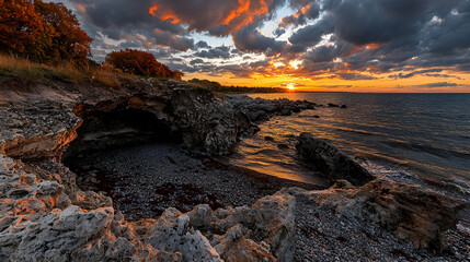 Fototapeta premium Coastal sunset, rocky cove, autumn foliage, dramatic sky, nature scene