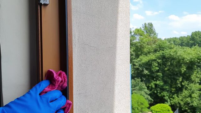 Hand in rubber glove cleaning window frame with sponge, close-up shot of person wiping dust and dirt from window frame, for cleaning service advertisement, housekeeping blog, home organization guides