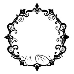 Ornate, circular, black-and-white floral frame with decorative elements, like leaves, twirls, and accents, on a white background.