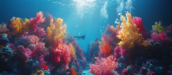 Naklejka premium Vibrant underwater scene showcasing a diver exploring colorful coral reefs with sunlight filtering through