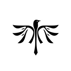 Stylized black bird logo of a bird in flight with a symmetrical design. The bird, centered, is a simple black silhouette against a white backdrop.