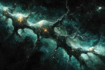 Obraz premium Futuristic abstract design of digital and organic elements cosmic space digital art sci-fi environment immersive viewpoint high fidelity concept