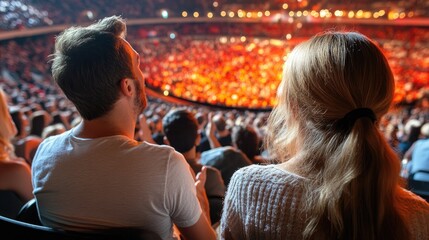 Couple enjoying concert, arena view, crowd cheering