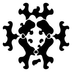 Symmetrical inkblot design on a white background of swirling black forms resembling a Rorschach test.