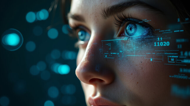 Young woman interacting with holographic interface, digital data streams reflecting on her face in blue hues.