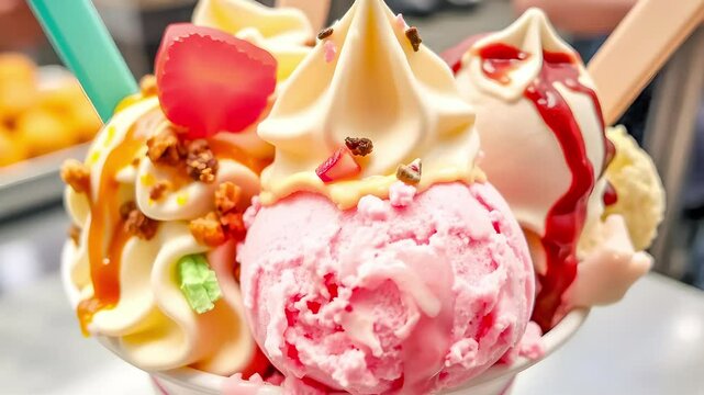 Close-up of a colorful ice cream sundae with various toppings, including strawberry slices, caramel sauce, and sprinkles, served in a bowl with spoons.