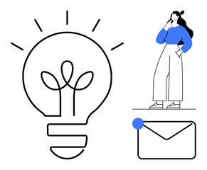 Giant light bulb outline with sprouting plant, woman in blue contemplating and holding a tablet, and mail envelope with notification dot. Ideal for brainstorming, innovation, communication, idea