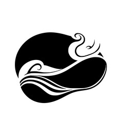 Black and white minimal art style of waves. A stylized abstract, with swirling lines and flowing forms of black on a white background.